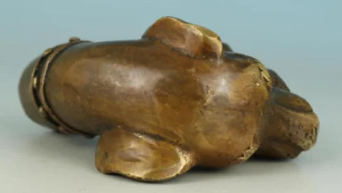 Chinese Old Bronze Hand Carved Dog Bitten Birds Statue Cane Walking Stick Head