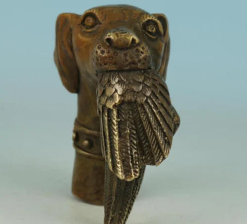 Chinese Old Bronze Hand Carved Dog Bitten Birds Statue Cane Walking Stick Head
