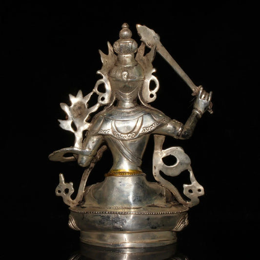 Chinese Old Tibet Tibetan Brass Gild Silver Buddhism Bodhisattva Manjusri Statue