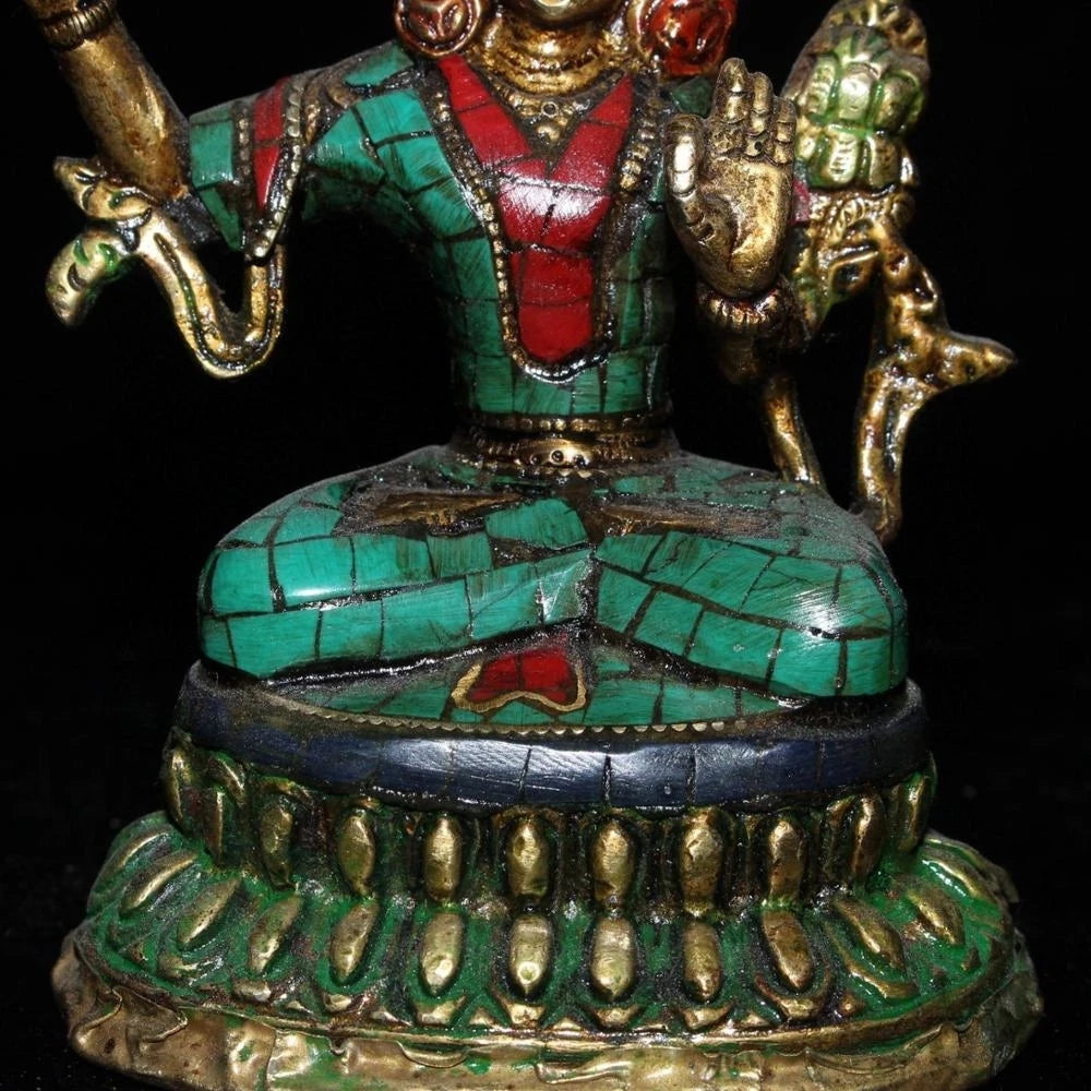 Chinese Old Tibetan Craft Green Pine Inlaid Manjushri Sword Buddha Statue