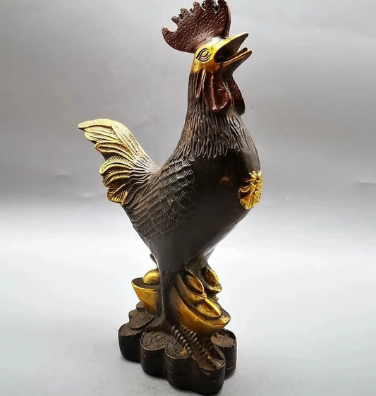 Chinese Pure Bronze Copper Gilding Zodiac Cock rooster FengShui Attract Wealth Statue