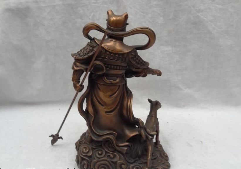 Chinese Pure Bronze Dragon Head Sky Warrior God Erlang The Deified Dog Statue 20cm