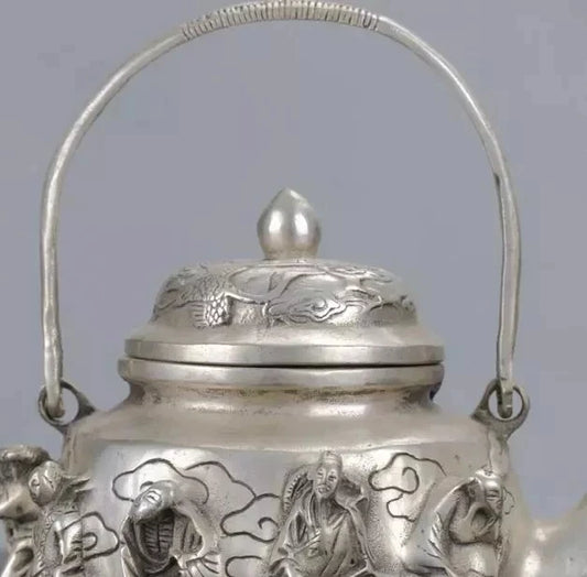 Chinese Silver Copper Handwork Carved The Eight Immortals Teapot