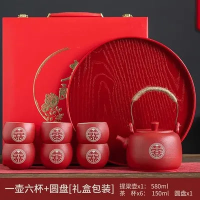 Chinese Style Ceramic Filter Tea Pot Set, Household Tea Pot and Cup Set, Red Teaware Gifts, Wedding, A Pot of Eight Cups