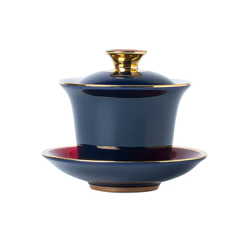 Chinese Style Tea Bowl, Drawing Gold Ceramic Sancai Gaiwan, Hand Painted, Sapphire Glaze Cover, Tea Maker