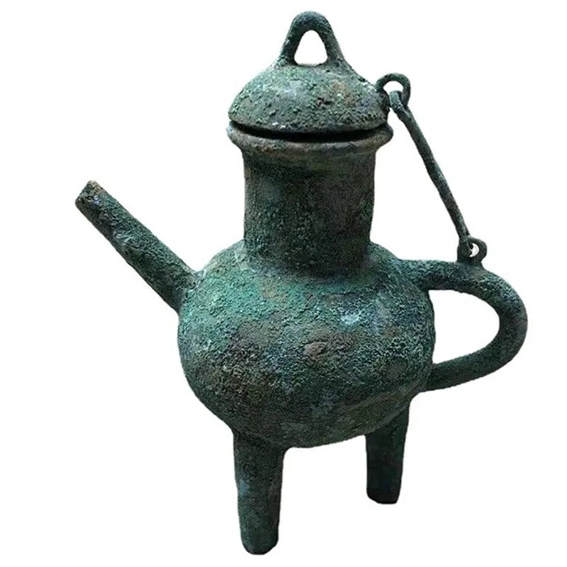 Chinese Style Teapots Ornaments, Green Rust Bronze Pot, Metal Utensils, Antique Ornaments, Collection Gift, Ornaments