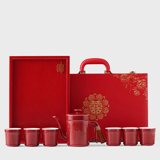 Chinese Style Traditional Wedding Celebration Porcelain Tea Set Teapot and Cups Teaware For Bride and Groom Souvenir Gifts