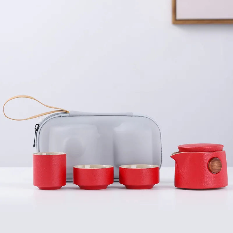 Chinese Style Travel Tea Set with Carrying Bag Ceramic Glaze Teapot 1 Pot 3 Cups Outdoor Camping Teapot Kung Fu Tea Cup Set