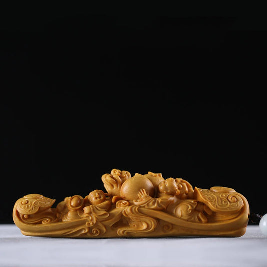 Chinese Style Wood Ruyi Carved Wood Statue Sculpture Retro Miniature Boxwood Decoration Crafts Art Decor