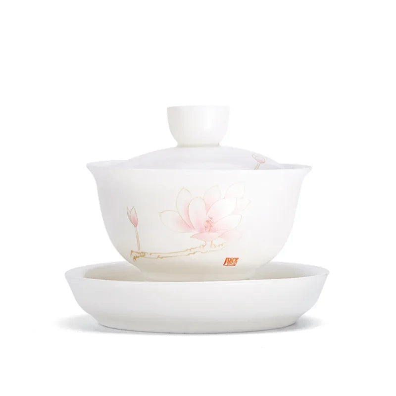 Chinese Suet Jade White Porcelain Gaiwan Handmade Ceramic Teacup Travel Tea Bowl Home Teaware Accessories Drinkware 150ml