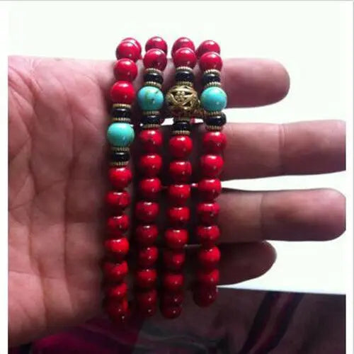 Chinese Tibet Red Stone 108 8MM Buddhist Prayer Bead Mala Necklace Bracelet Beads