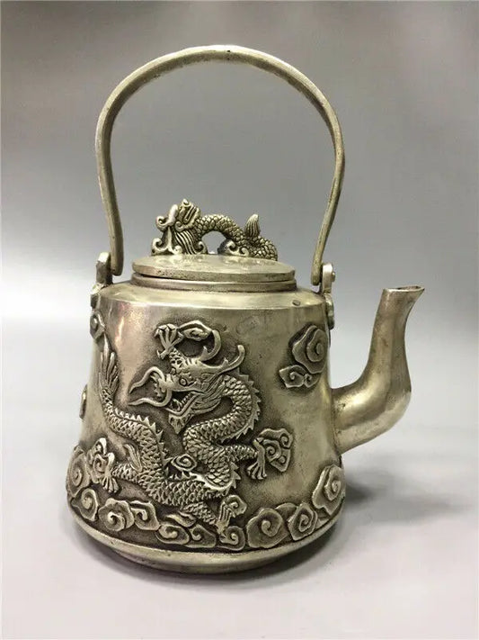 Chinese Tibet Silver Copper Handwork Carved Dragon Teapot W Daming Xuande Mark