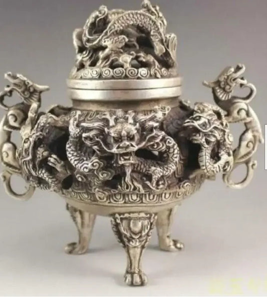 Chinese Tibet silver Nine Dragons Incense Burner Statue Qianlong Mark