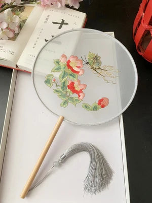 Chinese Traditional Art Embroidery Wooden Hand Fan Classical Ancient Dance Costume Han Fu Cheongsam with Long Handle Tassel