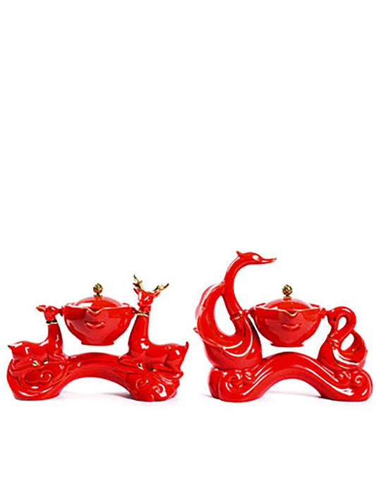Chinese Traditional Red Wedding Automatic Kung Fu Tea Set Semi-automatic Office Tea Set Creative Lazy Ceramic Teapot Cup Teaware