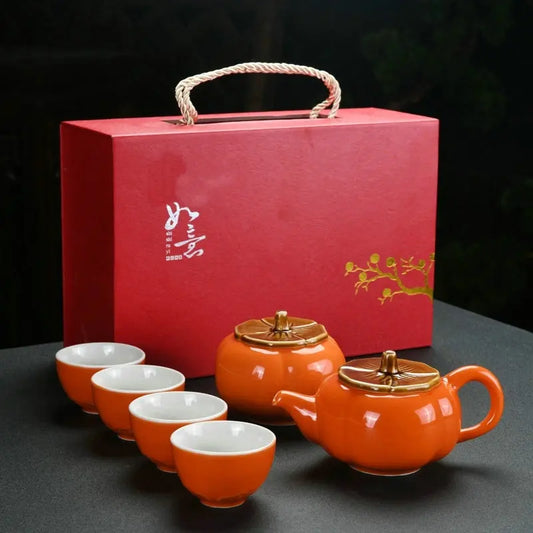 Chinese Travel Kung Fu Ceramic Tea Set 1 Teapot 4 Teacups Tea Ceremony Portable Persimmon Shape Teapot Exquisite Gift Box