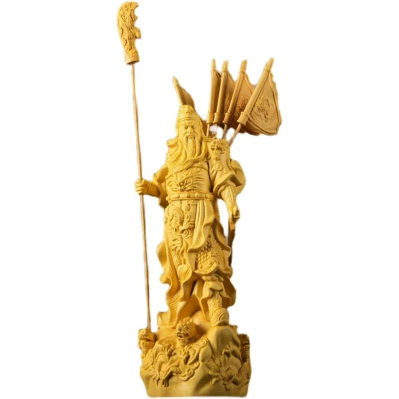 Chinese Tv Characters Statue Boxwood Five Banners Guan Yu God of Wealth Home Living Room Sculptures Decor
