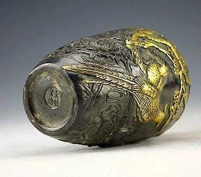 Chinese Vintage Collection Bronze Statues Gold-plating Flower Bird Vase 20cm