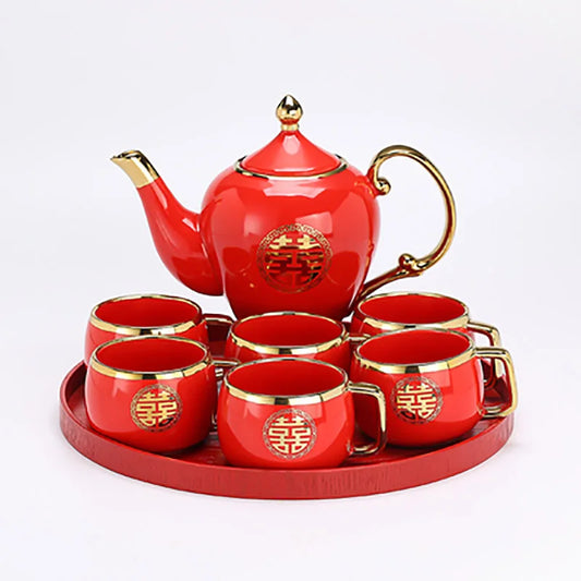 Chinese Wedding Supplies Red Ceramic Tea Set Teapot Porcelain Kettle Teaware with Handle Newlywed Banquet Party Supplies