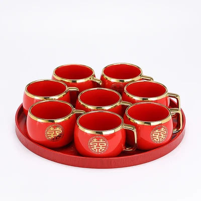 Chinese Wedding Supplies Red Ceramic Tea Set Teapot Porcelain Kettle Teaware with Handle Newlywed Banquet Party Supplies