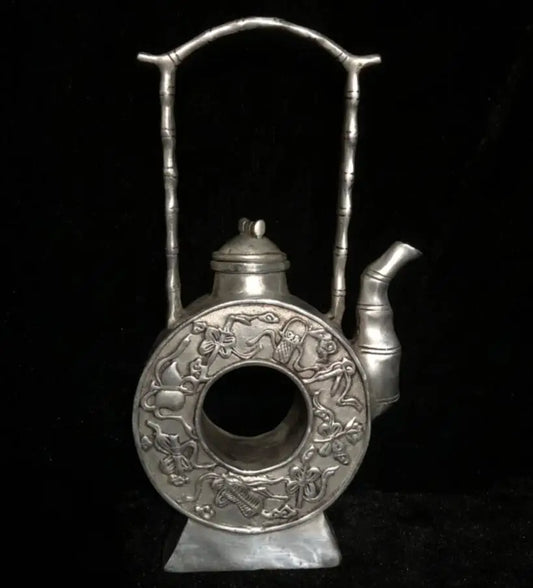 Chinese White copper Coin shape teapot crafts statue