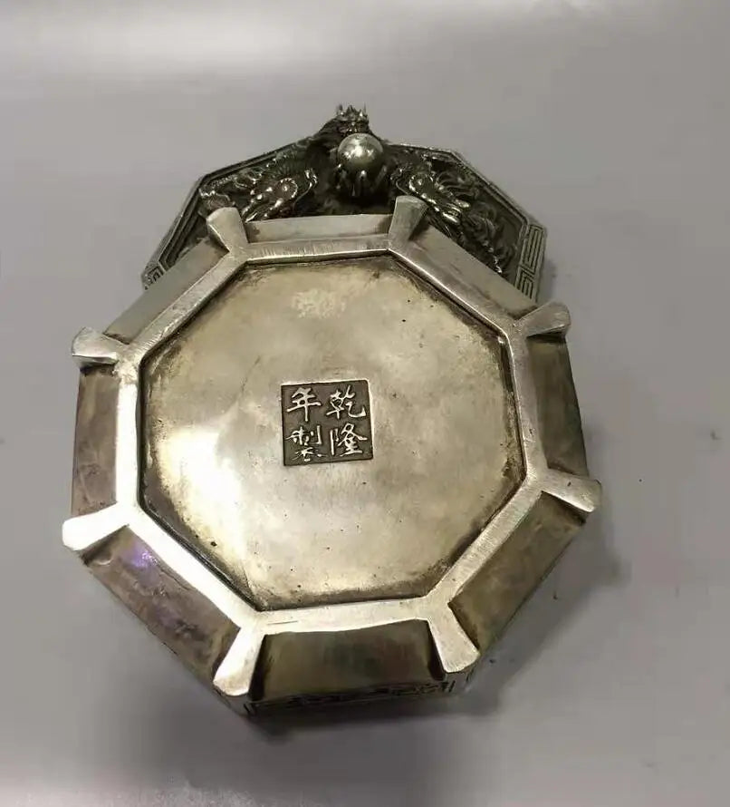 Chinese White copper Three dragons lid box crafts statue