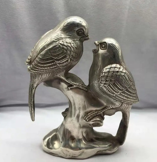 Chinese White copper Two magpie crafts statue