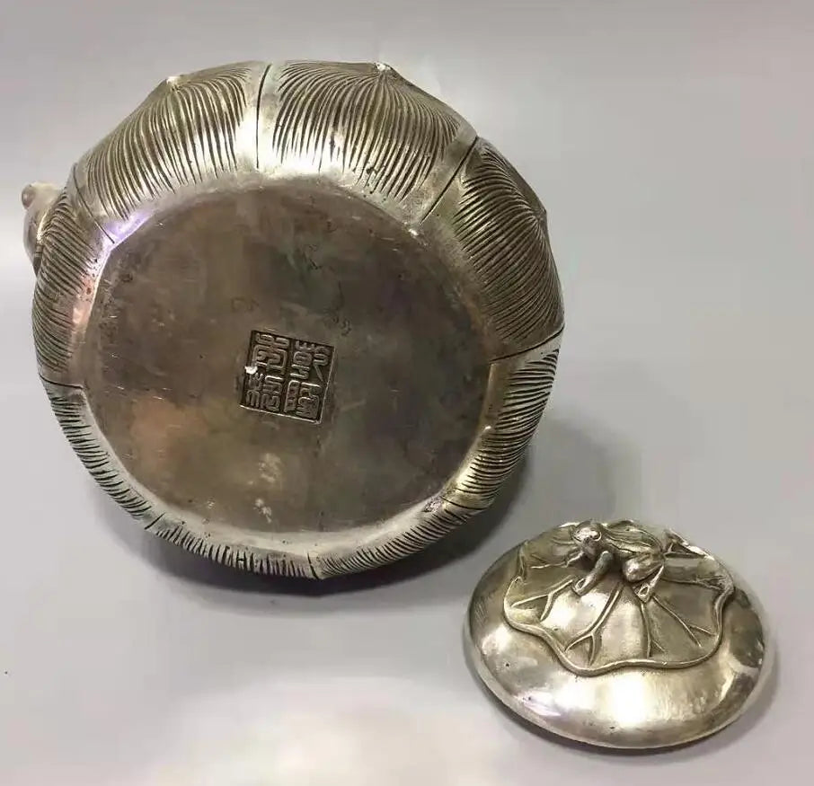 Chinese White copper lotus flower teapot crafts statue