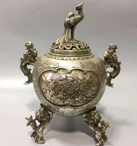 Chinese White copper peacock lid incense furnace crafts statue