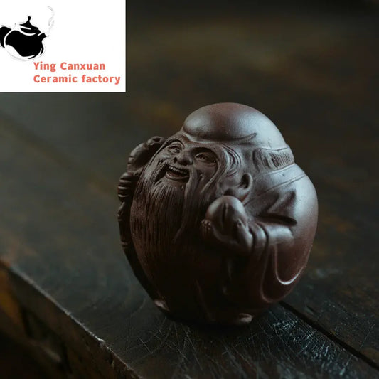 Chinese Yixing Purple Clay Tea Pet Handmade Character Statue Tea Figurine Ornaments Sculpture Crafts Home Tea Set Decoration Art