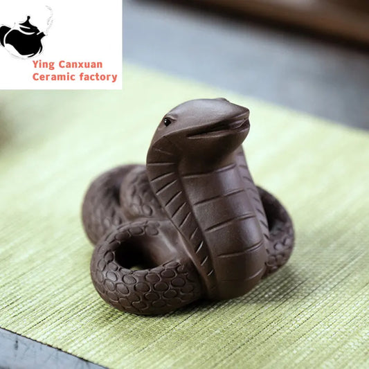 Chinese Yixing Purple Clay Tea Pet Handmade Zodiac Cobra Statue Sculpture Ornaments Tea Figurine Crafts Home Tea Set Decoration