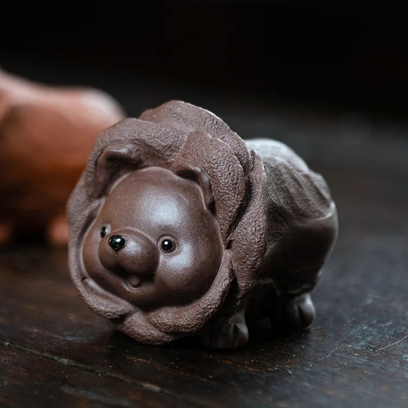 Chinese Yixing Purple Clay Tea Pet Lucky Cabbage Dog Statue Ornaments Handmade Zisha Tea Figurine Crafts Tea Set Decoration