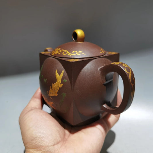 Chinese Yixing Zisha Clay Teapot Gold square round Pot Yixing produced 360ml