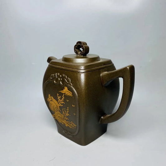 Chinese Yixing Zisha Clay Teapot Mud Painted Square Pot Gu Jingzhou 300ml