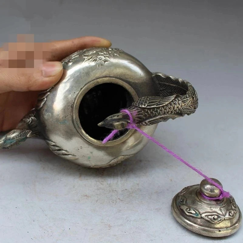 Chinese ancient Tibet silver phoenix statue decoration kettle wine pot teapot metal crafts home decoration