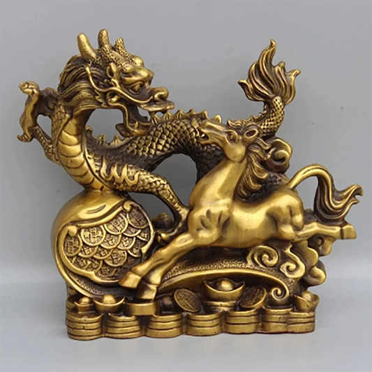 Chinese copper brass fengshui fortune auspicious dragon horse statue bronze metal crafts vintage home decor
