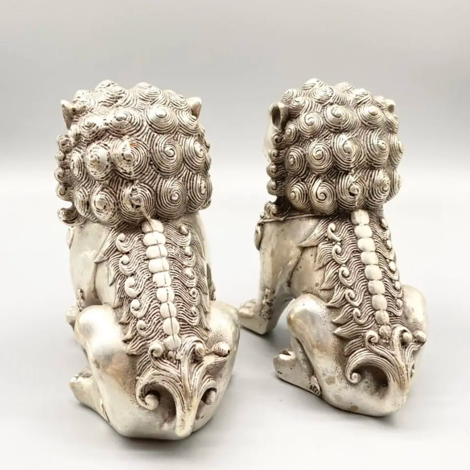 Chinese old Tibetan silver carved pair foo dog lion statue