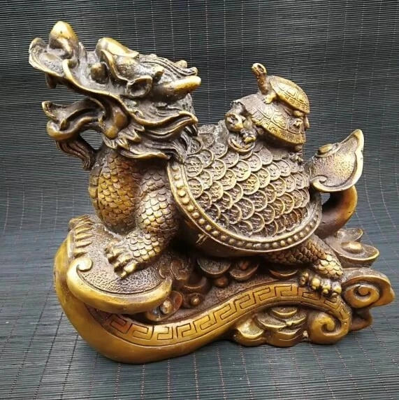 Chinese pure brass money dragon turtle feng shui decorative arts and crafts gift.