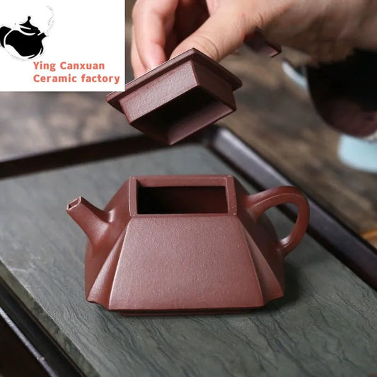 Chinese teapot Yixing pure handmade square teapot raw ore purple mud square draw angle pot gift purple clay teapot 175ml