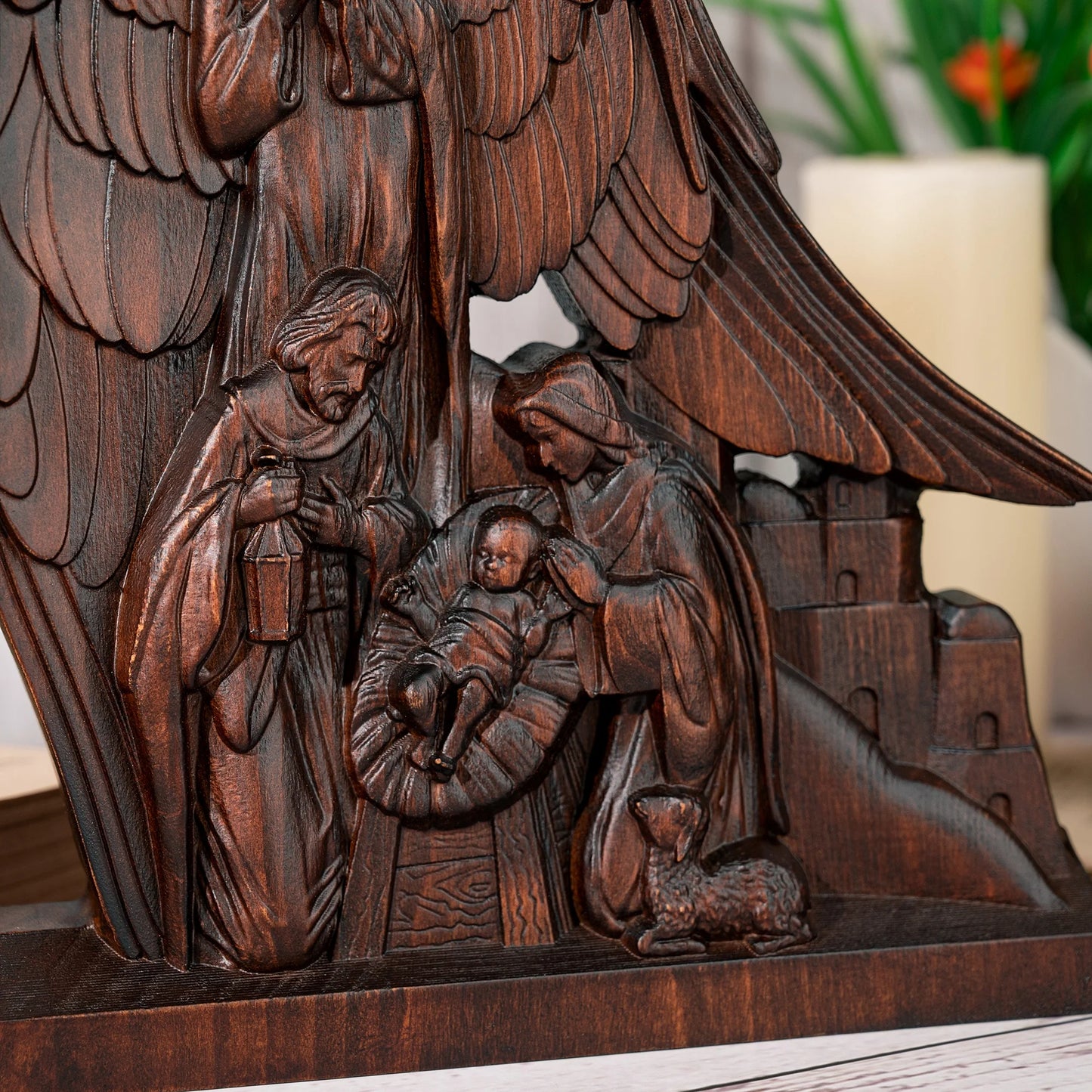 Christmas Nativity Scene Jesus Crib Nativity Decoration Solid Wood Carving Religious Christmas Gift
