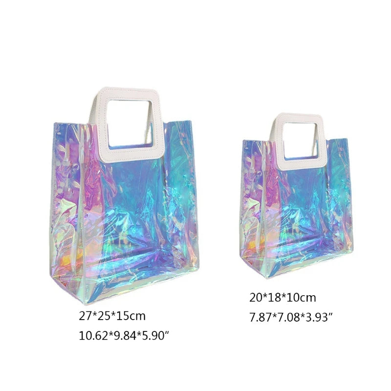 Clear Tote Bag Holographic Rainbow Shopping Bag Multi-Use Big Capacity Shoulder Handbag for Work Gym Sports Travel Beach