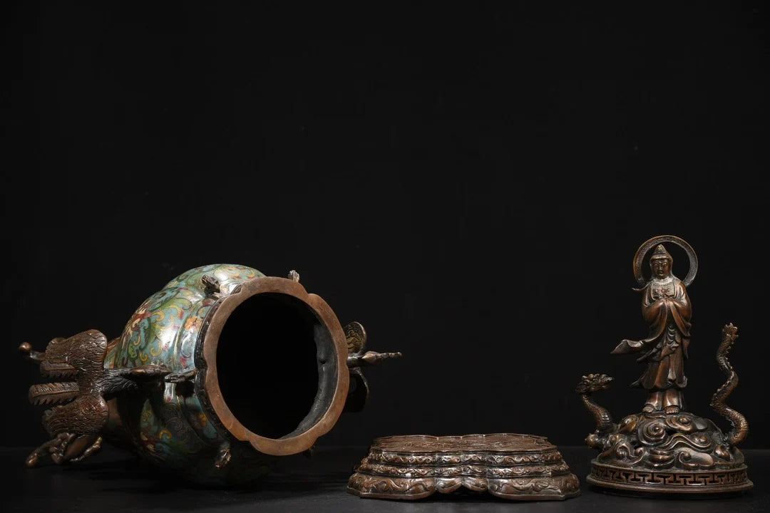 مجموعة معبد التبت ، البرونز القديم ، المينا Cloisonne ، Guanyin ، ركوب التنين ، طائر الفينيق ، مبخرة الأذن ، قاعة العبادة ، 24 بوصة