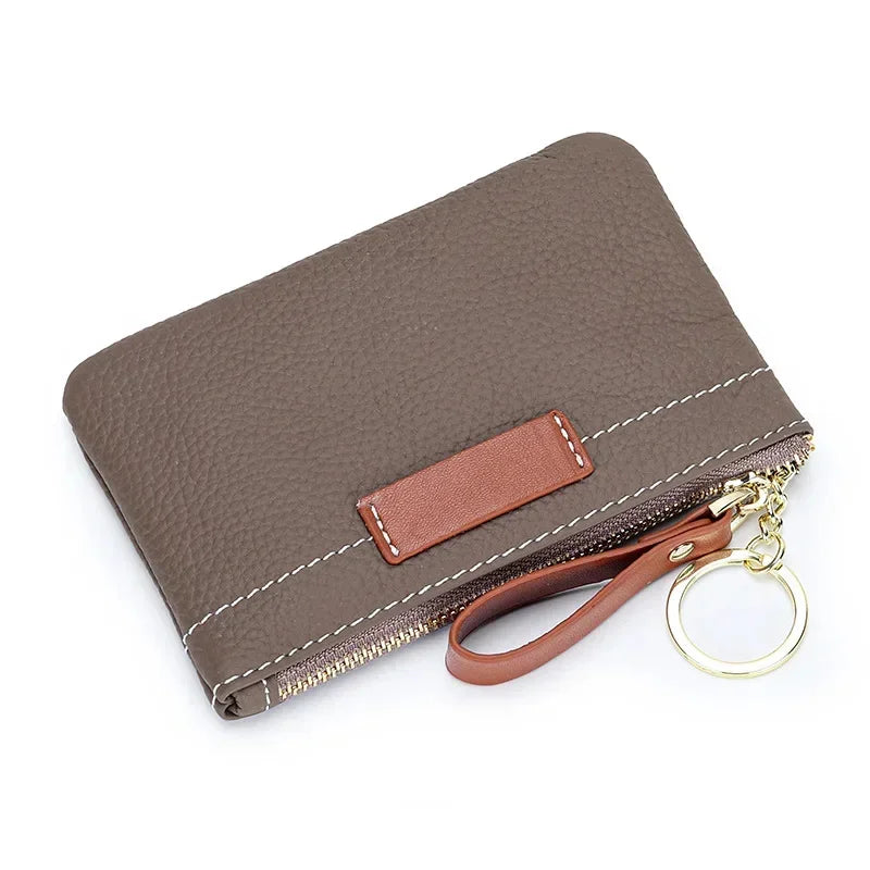 Coin Mini Wallet with Key Chain Ring Zipper for Women Fashion Change Pocket Cow Leather Classic Clutch Purse