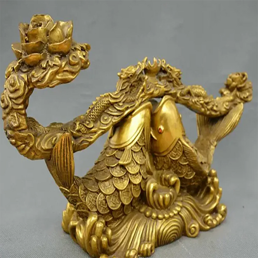 Collect China fengshui old Bronze fish ruyi two dragon auspicious peony statue