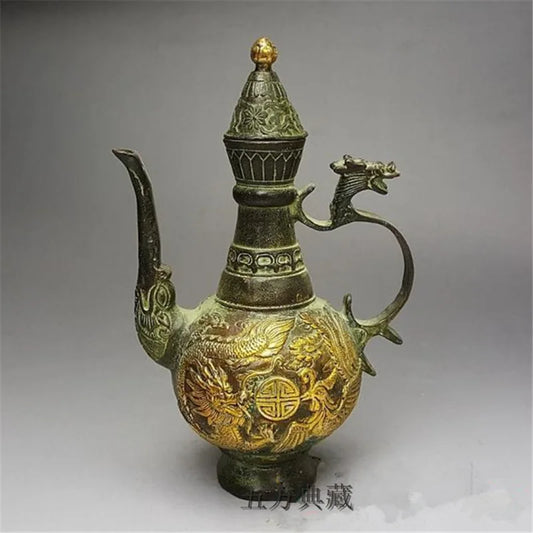 Collect Chinese fengshui old bronze gild Dragon phoenix wine pot teapot kettle