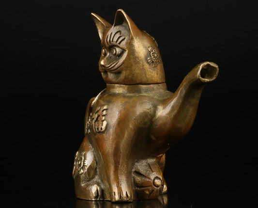 Collectable Chinese Pure Brass Carved Animal Lovely Blessing Cat Recruiting Money Teapot Exquisite Small Statues