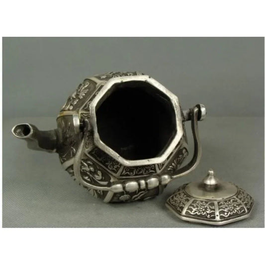 Collectible Tibetan Silver Carved the Lotus Pond Beautiful Scenery Old Teapot