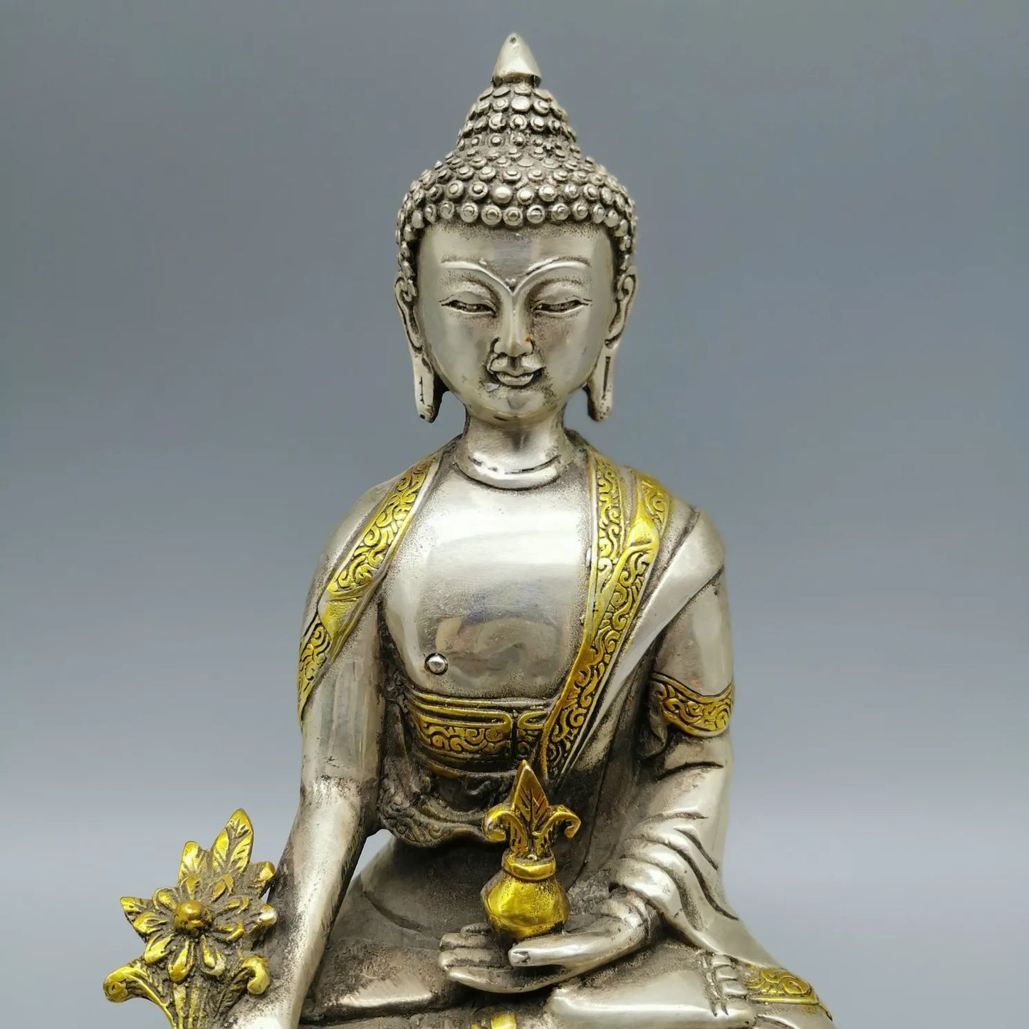 Collectibles Chinese Fengshui White Copper Carving Handicraft Medicine Buddha Pharmacist Buddha Health And Longevity Statue