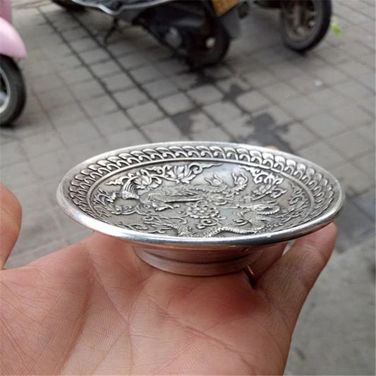 Collection Chinese Tibet Silver Carved Mythical Animals Dragon And Phoenix Plate Dish Exquisite Small Statues