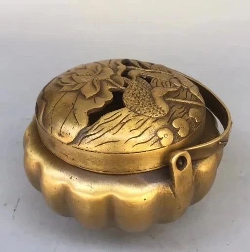 Collection Pure Brass Carving Mandarin Duck Lotus Leaf Lotus Flower Incense Burner Hollow Out Household Decoration Animal Statue